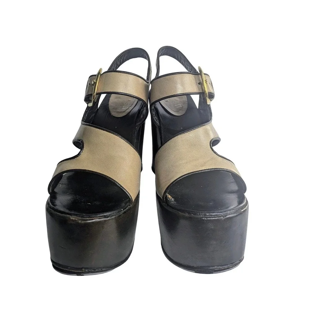 Vintage 70s Leather Platform Sandals Disco Chunky Block Heel Slingback Brown 7.5